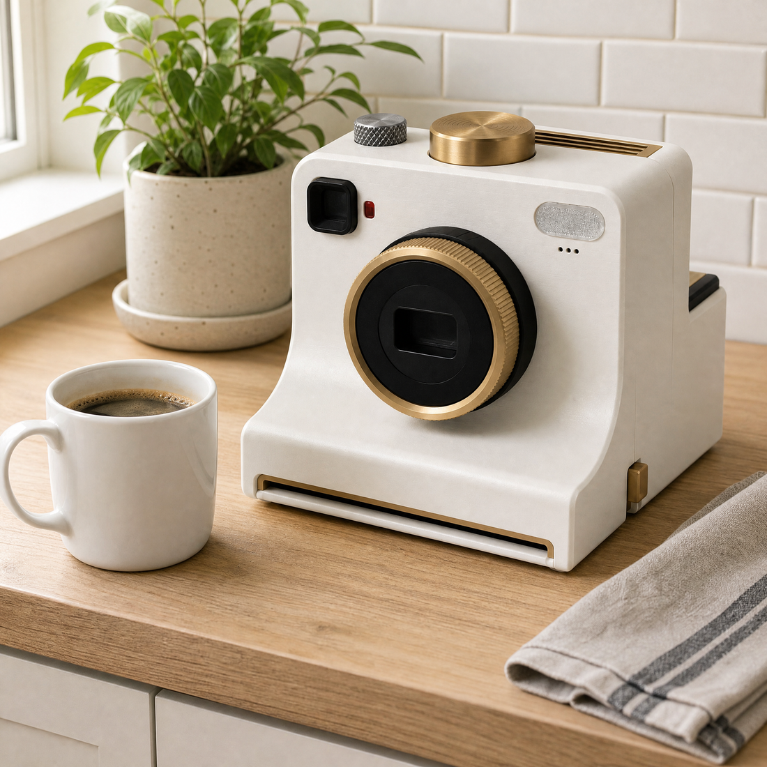 The Latte Print printer on a kitchen counter next to a mug of coffee