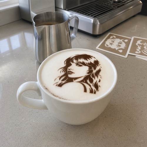 A finished cup of coffee with a printed design on the foam, beside design cards on a kitchen counter
